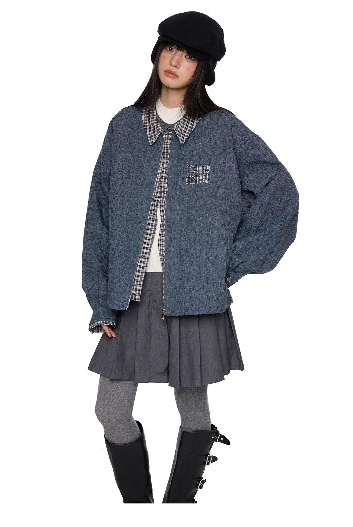 Tom Chic Plaid Spliced Denim Jacket-korean-fashion-Jacket-Tom's Closet-OH Garments