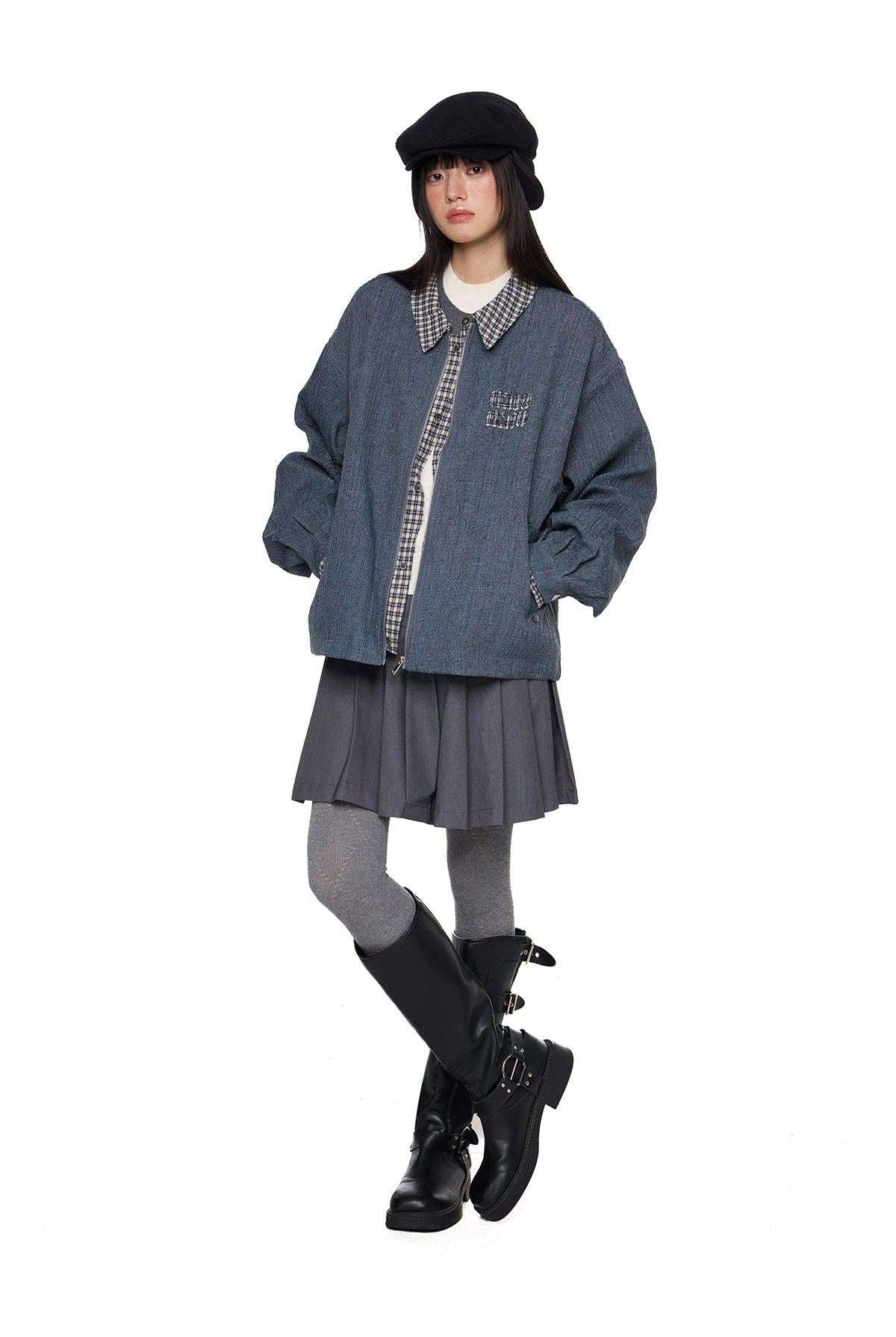 Tom Chic Plaid Spliced Denim Jacket-korean-fashion-Jacket-Tom's Closet-OH Garments