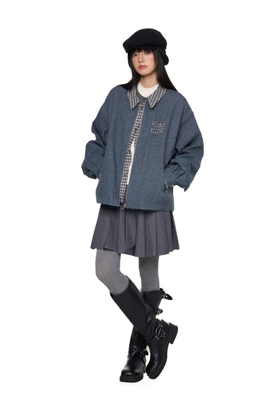 Tom Chic Plaid Spliced Denim Jacket-korean-fashion-Jacket-Tom's Closet-OH Garments
