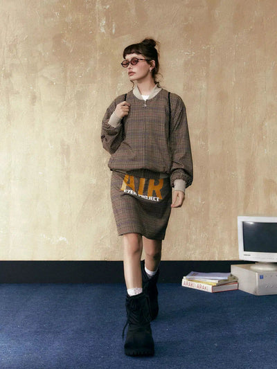 Tom Classic Plaid Bomber Jacket & Lettered Skirt Set-korean-fashion-Cardigan-Tom's Closet-OH Garments
