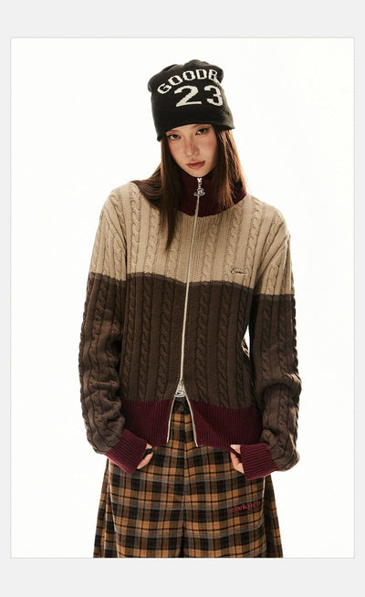 Tom Contrast Block Cable Knit Zipped Sweater-korean-fashion-Sweater-Tom's Closet-OH Garments