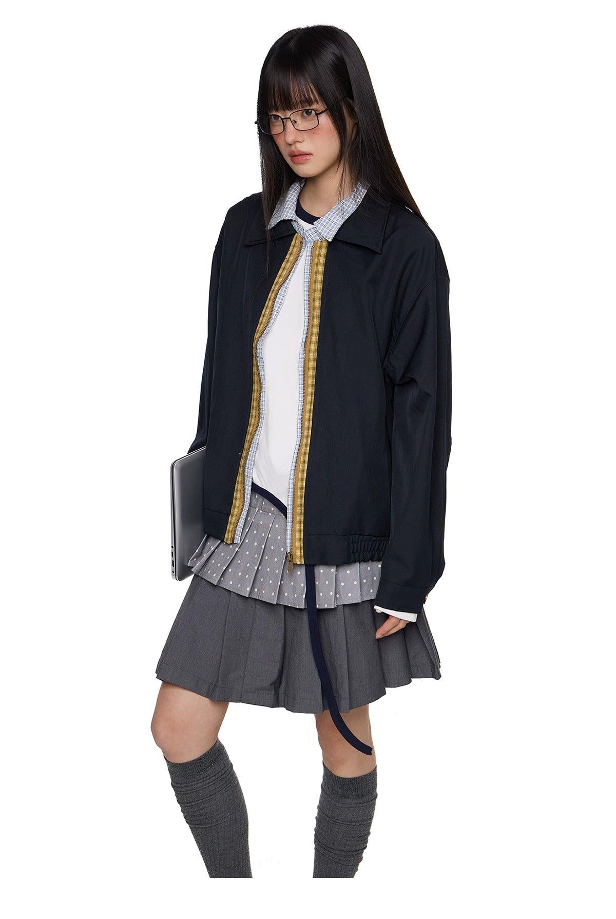 Tom Contrast Plaid Zip Line Jacket-korean-fashion-Jacket-Tom's Closet-OH Garments