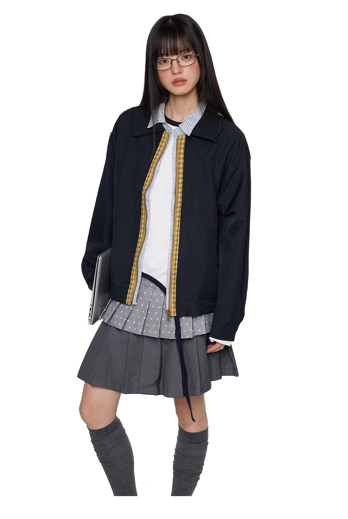 Tom Contrast Plaid Zip Line Jacket-korean-fashion-Jacket-Tom's Closet-OH Garments