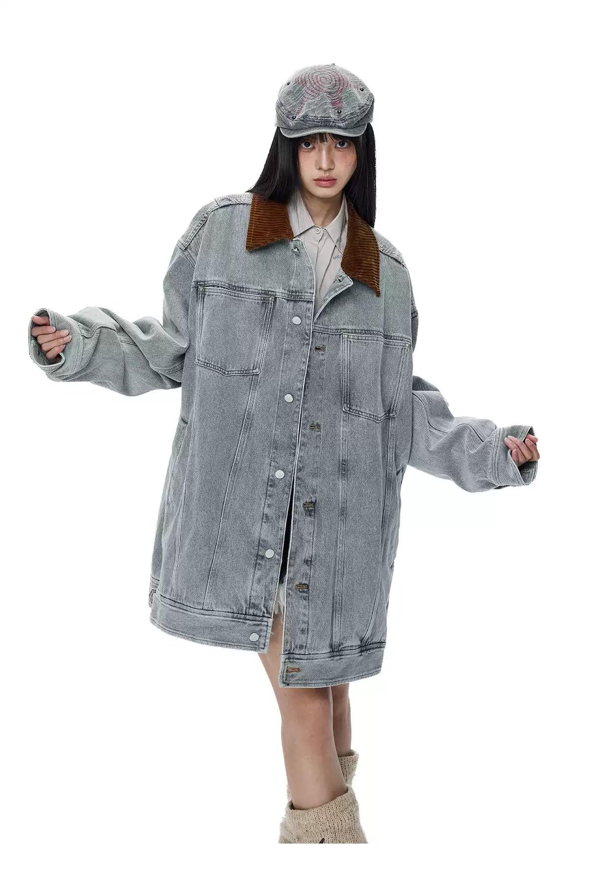Tom Corduroy Collar Demin Long Jacket-korean-fashion-Jacket-Tom's Closet-OH Garments