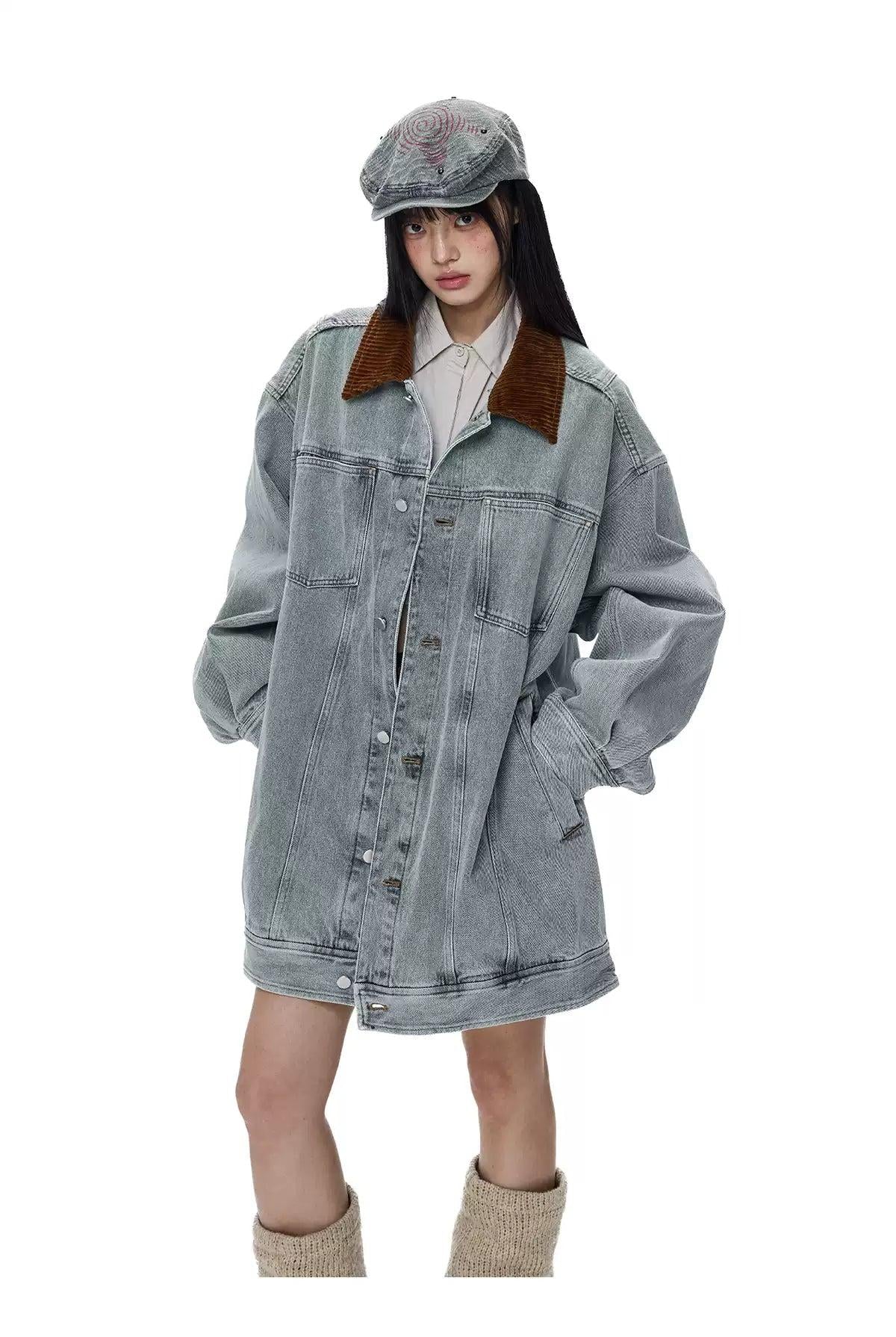 Tom Corduroy Collar Demin Long Jacket-korean-fashion-Jacket-Tom's Closet-OH Garments