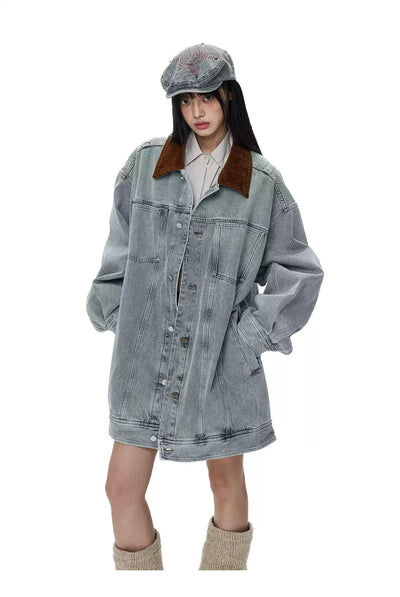 Tom Corduroy Collar Demin Long Jacket-korean-fashion-Jacket-Tom's Closet-OH Garments