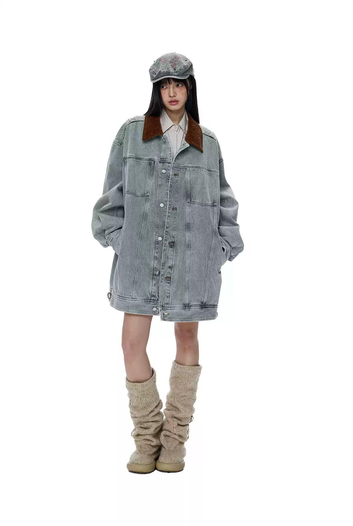 Tom Corduroy Collar Demin Long Jacket-korean-fashion-Jacket-Tom's Closet-OH Garments