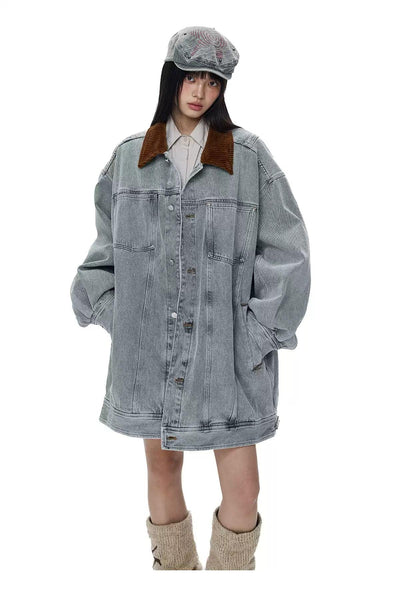 Tom Corduroy Collar Demin Long Jacket-korean-fashion-Jacket-Tom's Closet-OH Garments