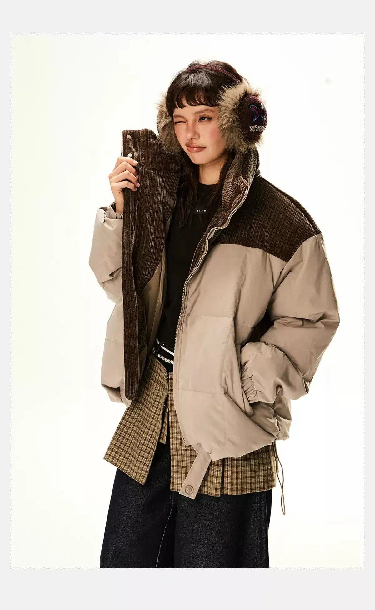 Tom Corduroy Spliced Stand Collar Down Jacket-korean-fashion-Jacket-Tom's Closet-OH Garments