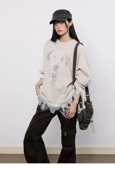 Tom Dog Graphic Stitched Hem Long Sleeve T-Shirt-korean-fashion-T-Shirt-Tom's Closet-OH Garments