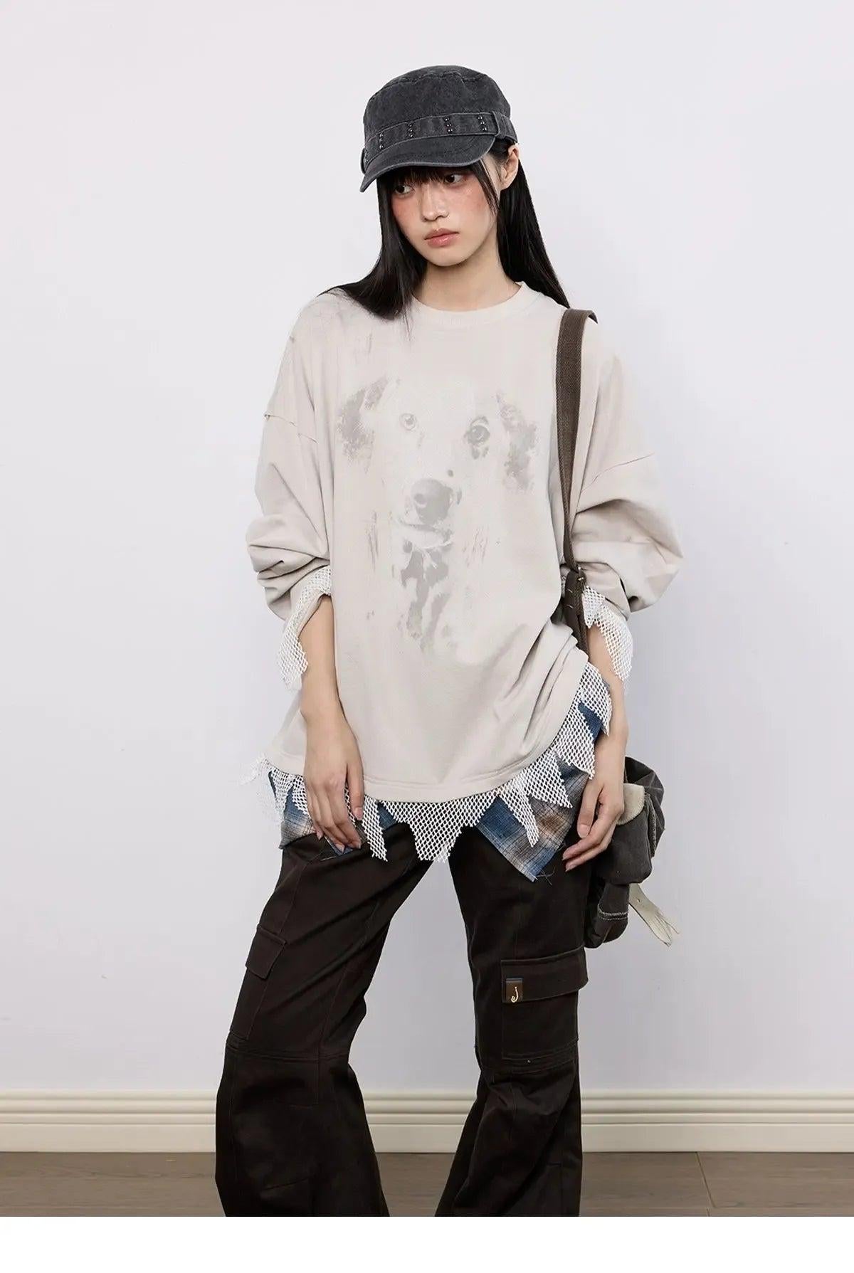Tom Dog Graphic Stitched Hem Long Sleeve T-Shirt-korean-fashion-T-Shirt-Tom's Closet-OH Garments