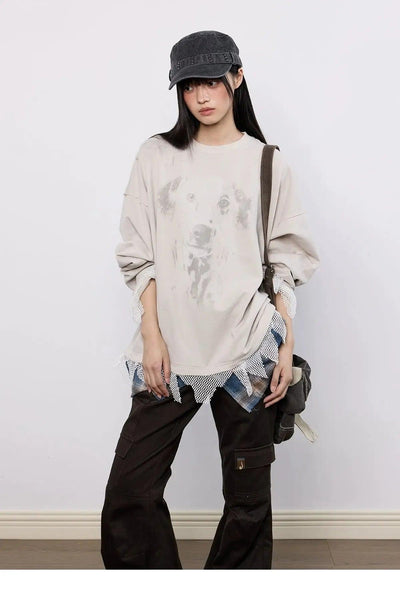 Tom Dog Graphic Stitched Hem Long Sleeve T-Shirt-korean-fashion-T-Shirt-Tom's Closet-OH Garments