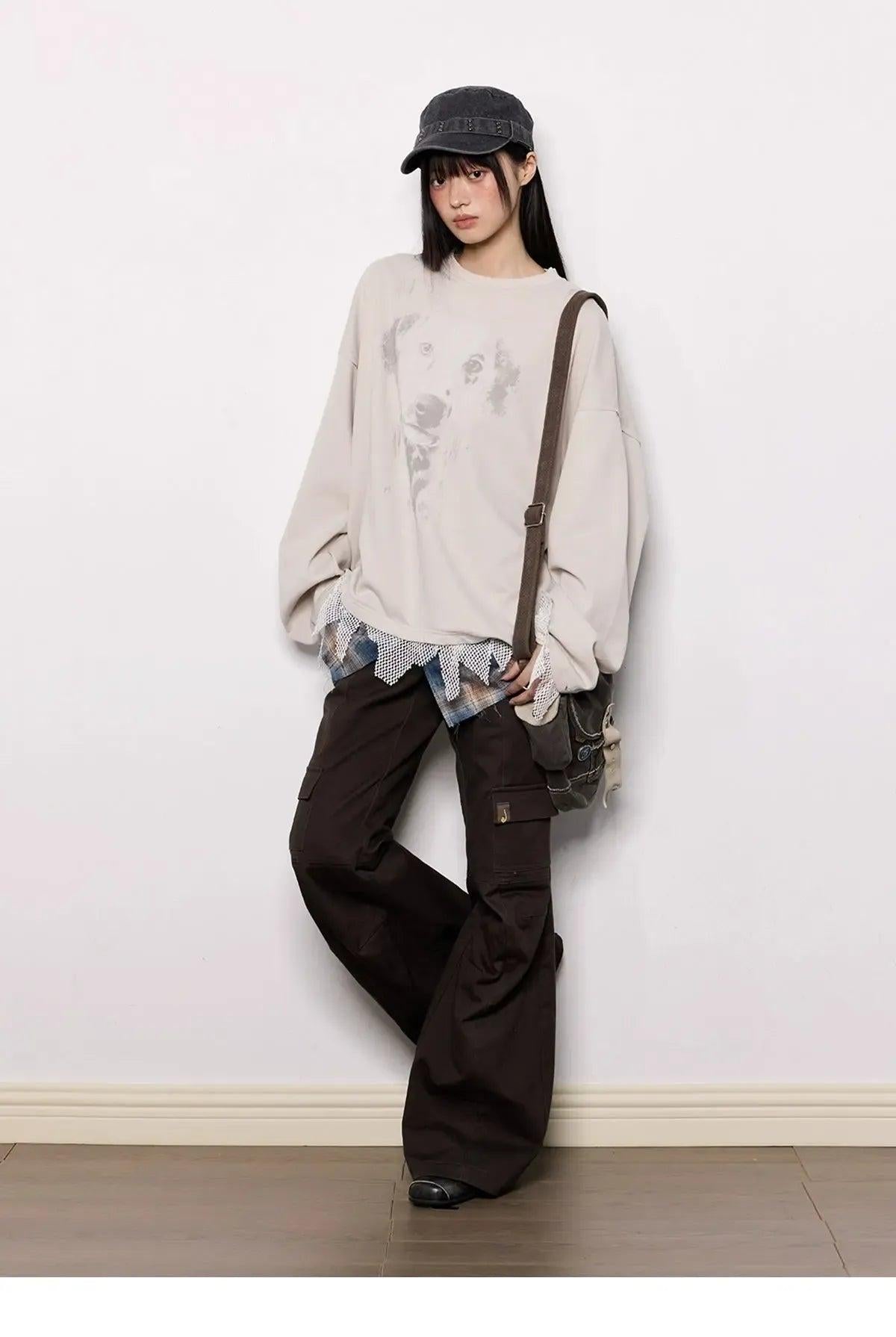 Tom Dog Graphic Stitched Hem Long Sleeve T-Shirt-korean-fashion-T-Shirt-Tom's Closet-OH Garments