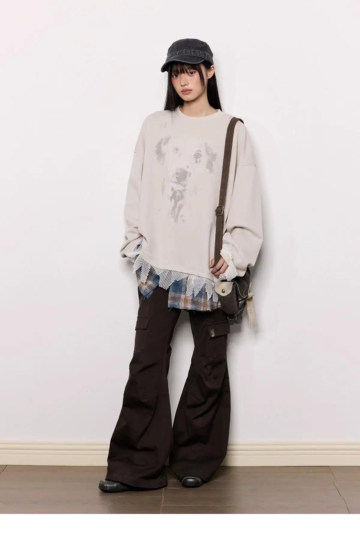 Tom Dog Graphic Stitched Hem Long Sleeve T-Shirt-korean-fashion-T-Shirt-Tom's Closet-OH Garments