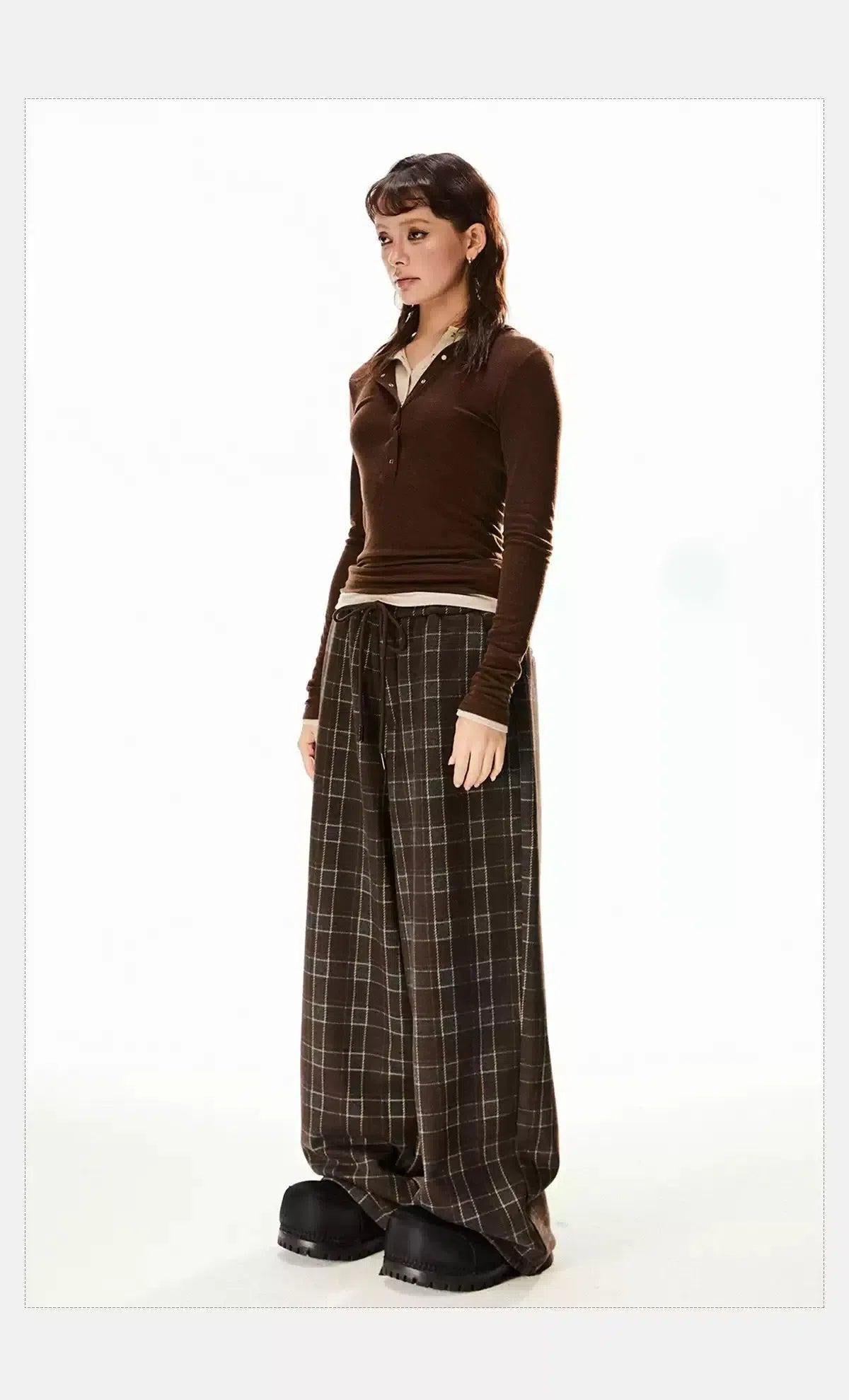 Tom Drawcord Plaid Wide Leg Pants-korean-fashion-Pants-Tom's Closet-OH Garments