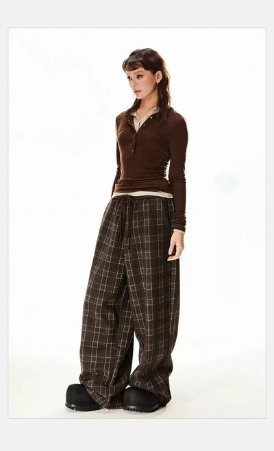 Tom Drawcord Plaid Wide Leg Pants-korean-fashion-Pants-Tom's Closet-OH Garments