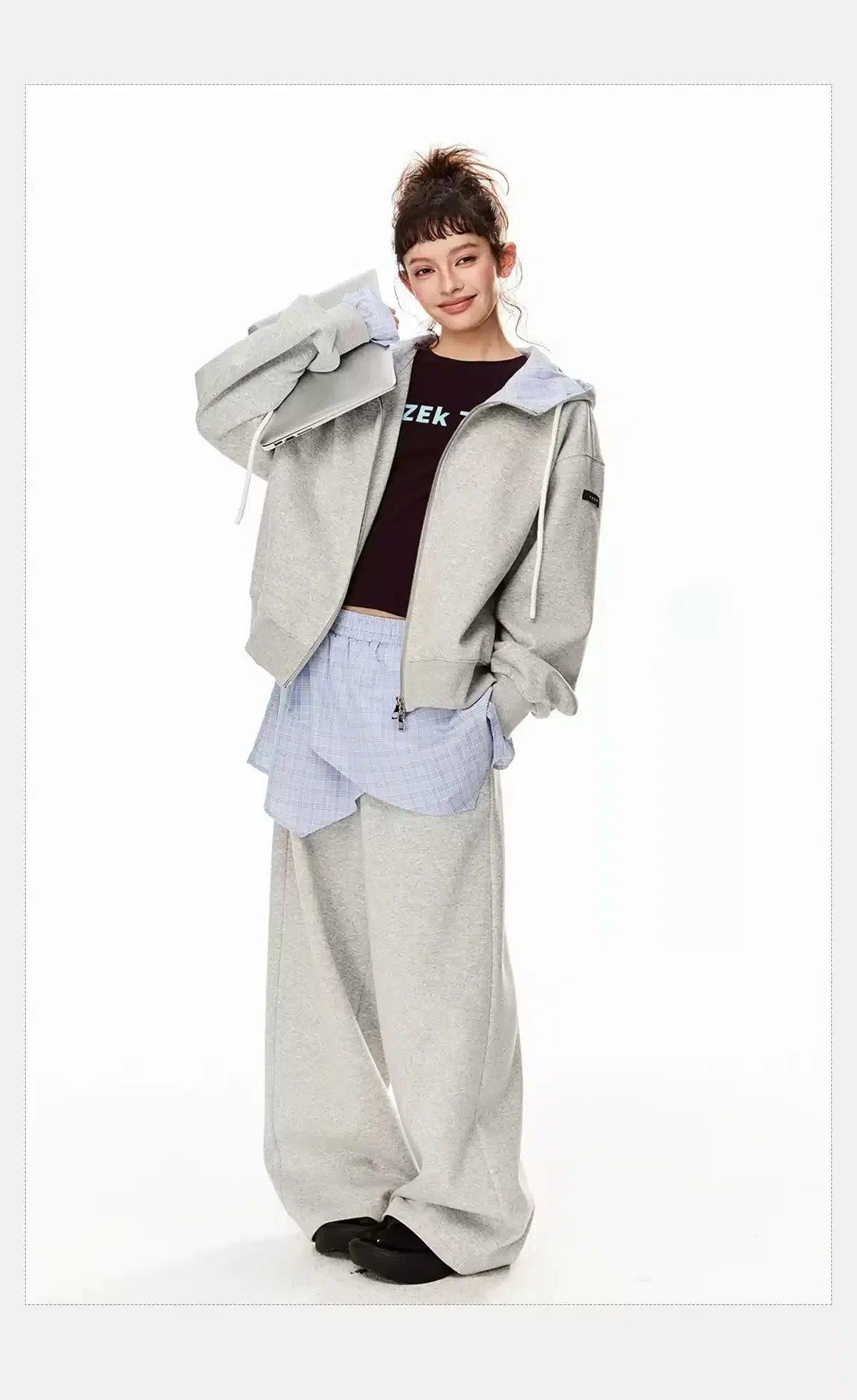 Tom Drawstring Double Zip-Up Hoodie & Plaid Skirt Sweatpants Set-korean-fashion-Clothing Set-Tom's Closet-OH Garments