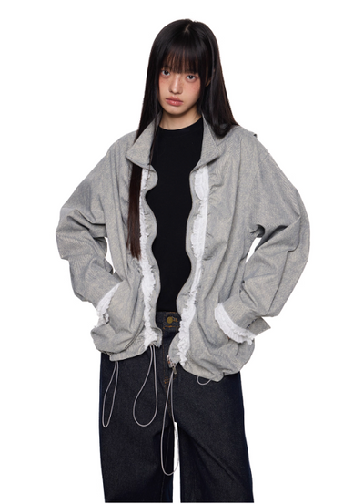 Tom Drawstring Pleats Lace Zipped Jacket-korean-fashion-Jacket-Tom's Closet-OH Garments