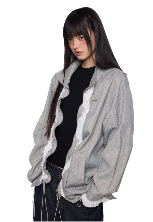Tom Drawstring Pleats Lace Zipped Jacket-korean-fashion-Jacket-Tom's Closet-OH Garments