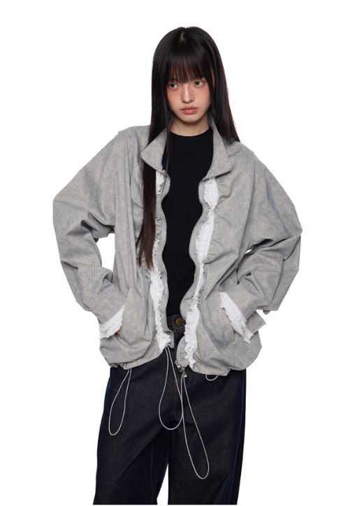 Tom Drawstring Pleats Lace Zipped Jacket-korean-fashion-Jacket-Tom's Closet-OH Garments