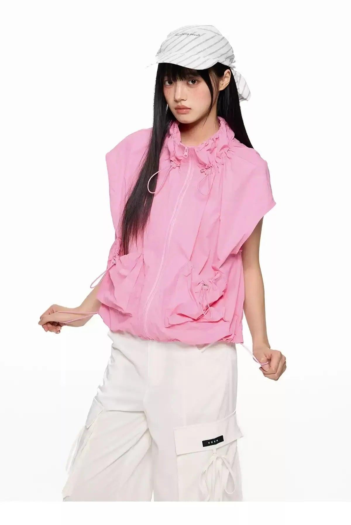 Tom Drawstring Ruched Pocket Vest-korean-fashion-Vest-Tom's Closet-OH Garments