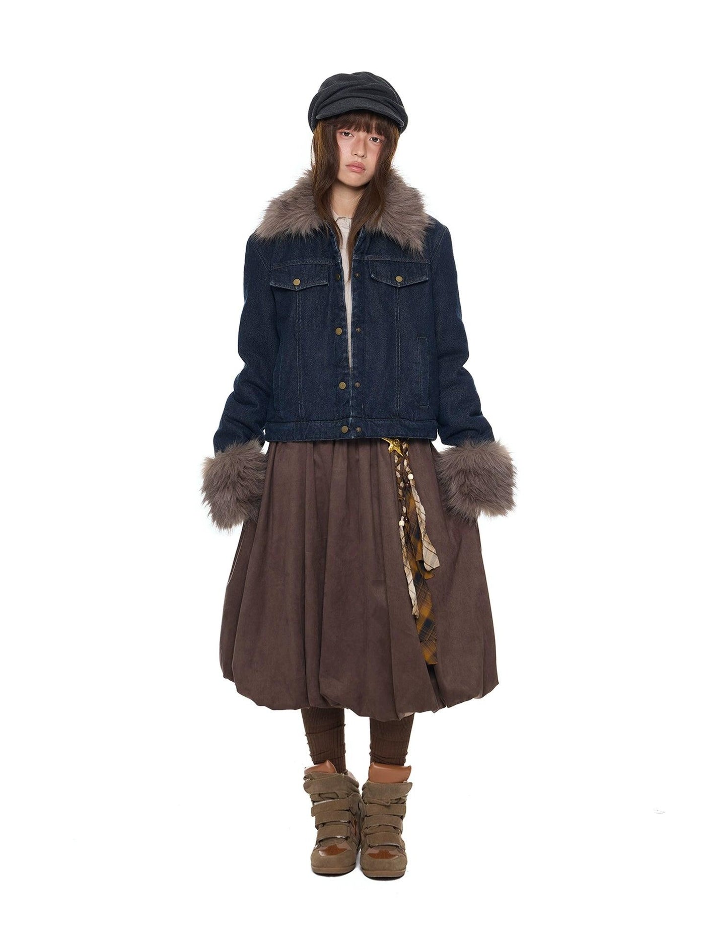 Tom Faux Fur Collar and Cuffs Denim Jacket-korean-fashion-Jacket-Tom's Closet-OH Garments