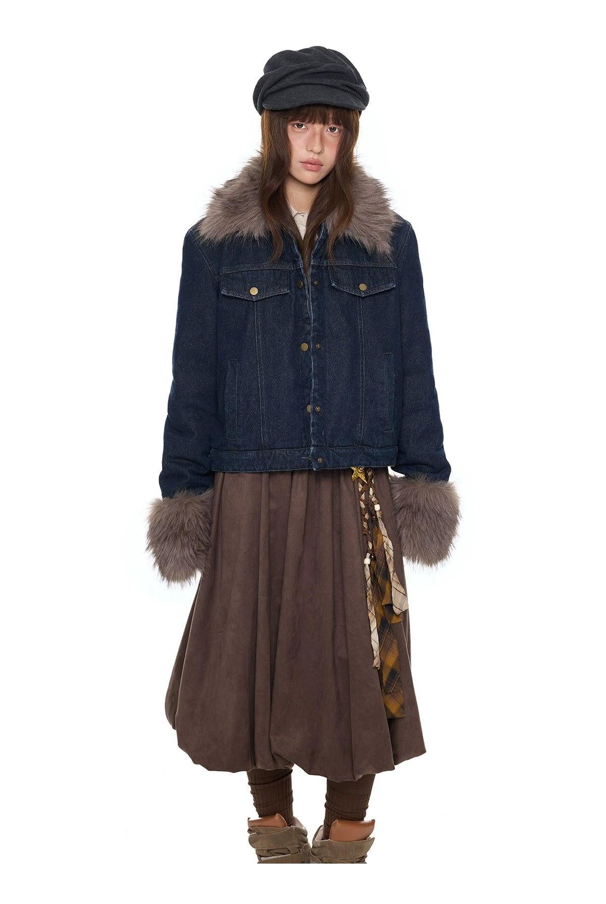 Tom Faux Fur Collar and Cuffs Denim Jacket-korean-fashion-Jacket-Tom's Closet-OH Garments