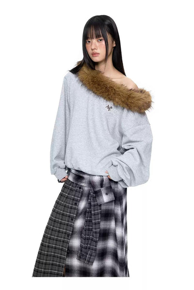 Tom Faux Fur Neck Lined Crewneck-korean-fashion-Crewneck-Tom's Closet-OH Garments