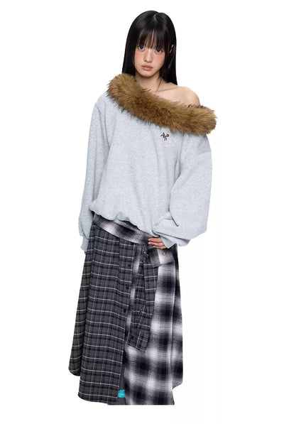 Tom Faux Fur Neck Lined Crewneck-korean-fashion-Crewneck-Tom's Closet-OH Garments