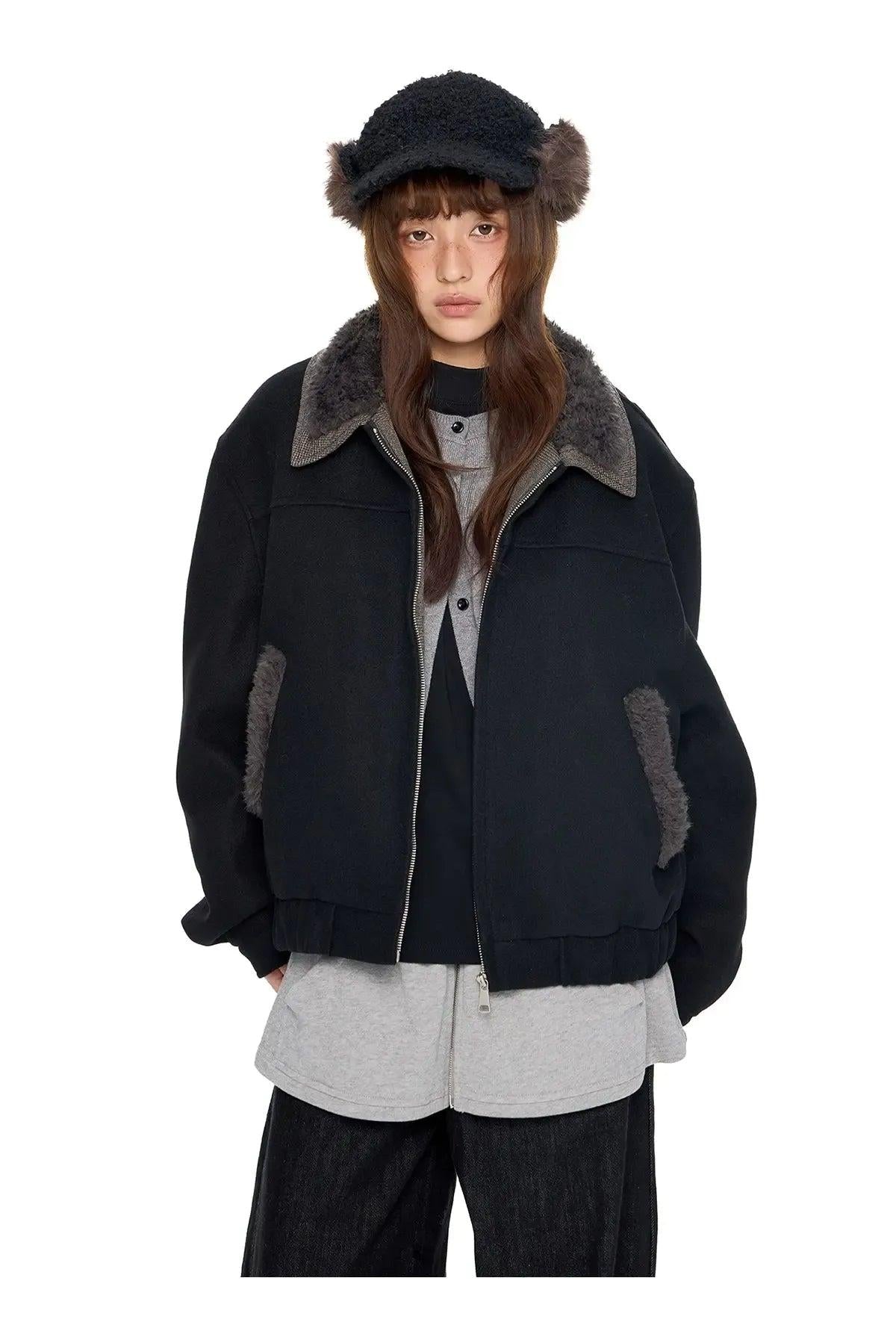 Tom Fluffy-Trim Zipped Jacket-korean-fashion-Jacket-Tom's Closet-OH Garments