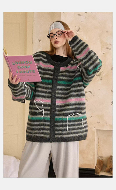 Tom Grey and Pastel Stripes Knit Cardigan-korean-fashion-Cardigan-Tom's Closet-OH Garments