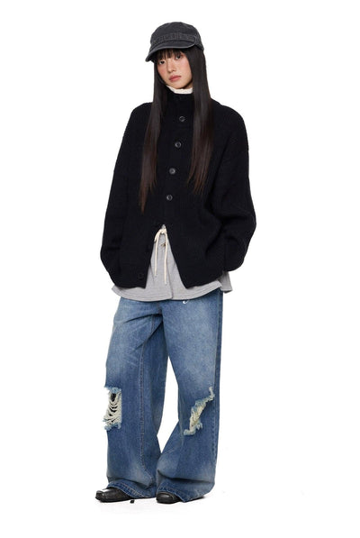 Tom High Neck Ribbed Buttoned Sweater-korean-fashion-Sweater-Tom's Closet-OH Garments