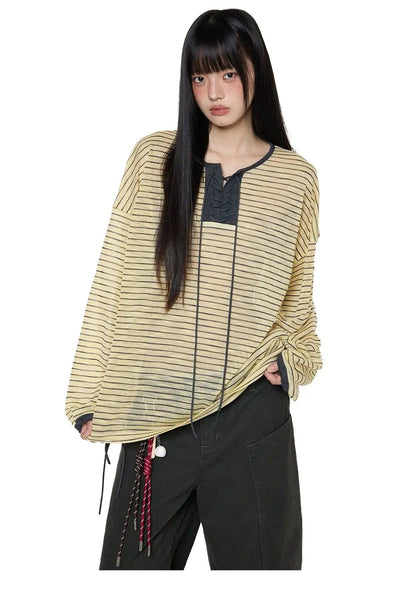 Tom Lace-Up Striped Long Sleeve T-Shirt-korean-fashion-T-Shirt-Tom's Closet-OH Garments