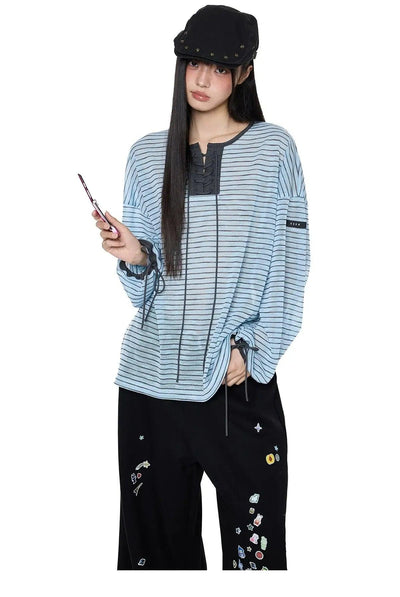 Tom Lace-Up Striped Long Sleeve T-Shirt-korean-fashion-T-Shirt-Tom's Closet-OH Garments