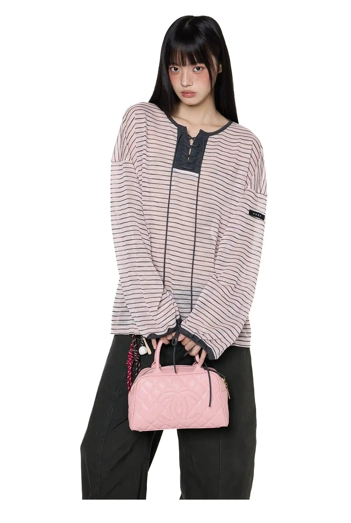 Tom Lace-Up Striped Long Sleeve T-Shirt-korean-fashion-T-Shirt-Tom's Closet-OH Garments