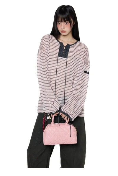 Tom Lace-Up Striped Long Sleeve T-Shirt-korean-fashion-T-Shirt-Tom's Closet-OH Garments