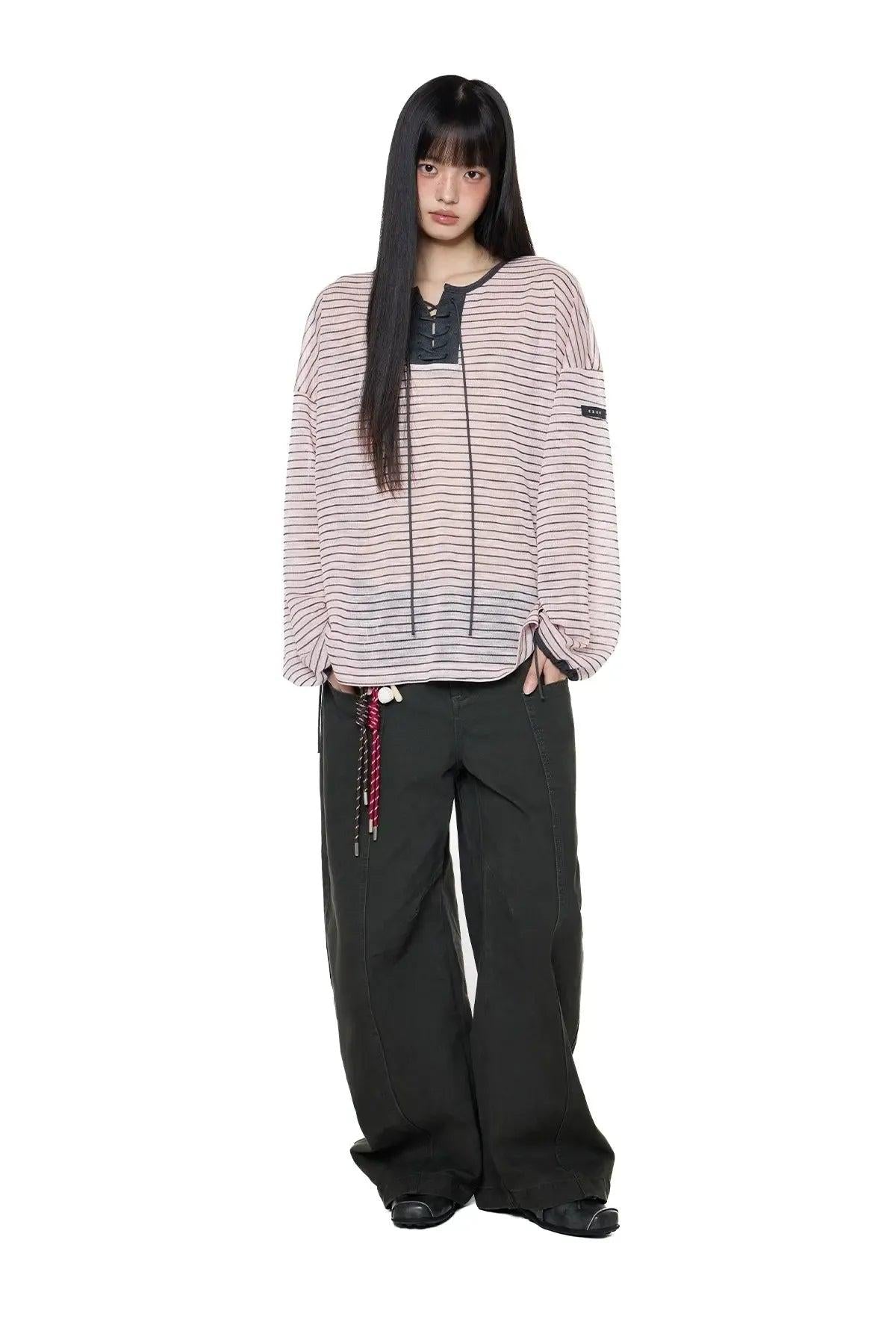 Tom Lace-Up Striped Long Sleeve T-Shirt-korean-fashion-T-Shirt-Tom's Closet-OH Garments
