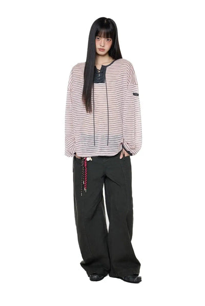 Tom Lace-Up Striped Long Sleeve T-Shirt-korean-fashion-T-Shirt-Tom's Closet-OH Garments