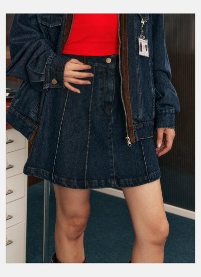 Tom Leather Splice Denim Jacket & Denim Skirt Set-korean-fashion-Clothing Set-Tom's Closet-OH Garments