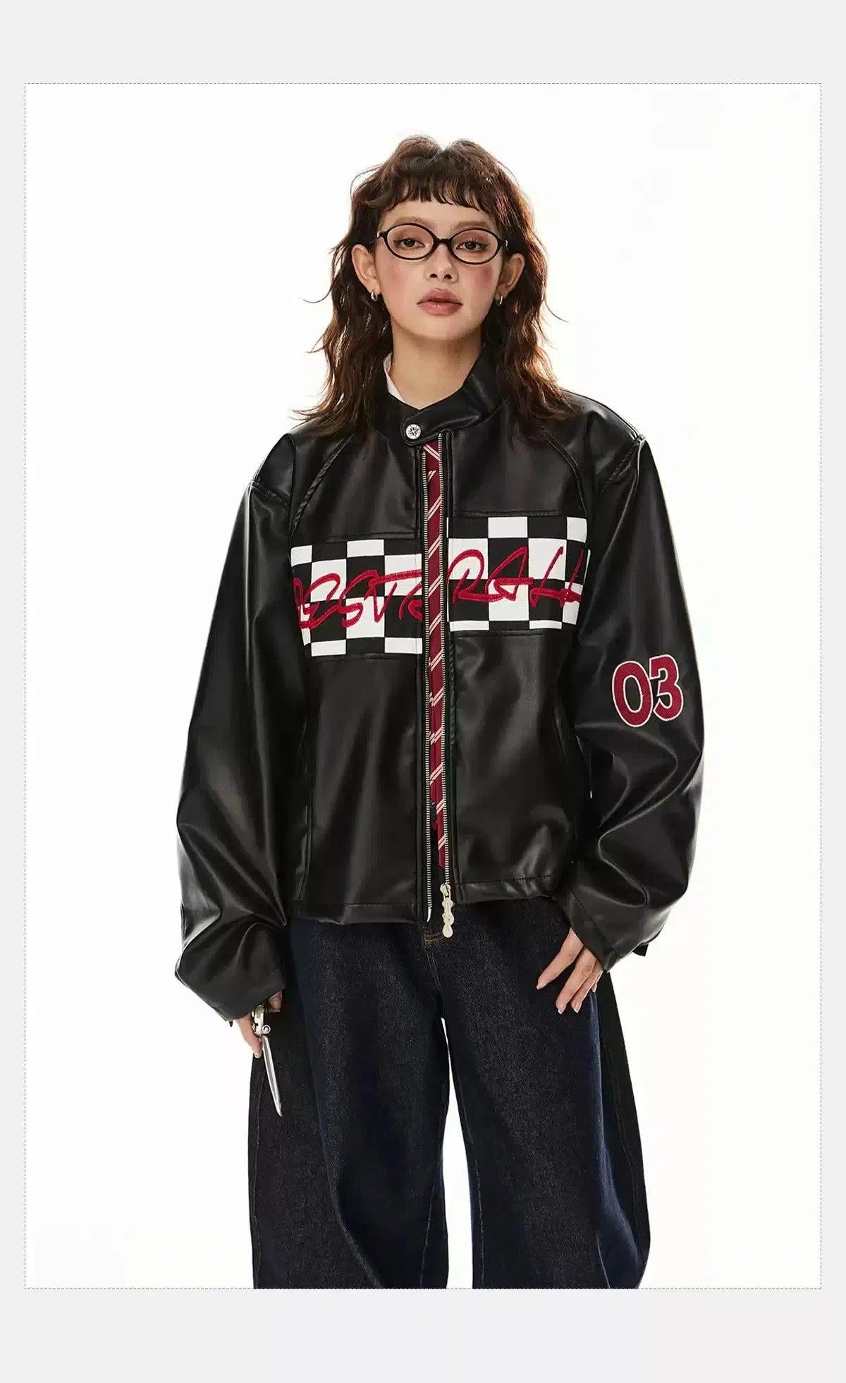 Tom Lettered Check Detail PU Leather Jacket-korean-fashion-Jacket-Tom's Closet-OH Garments