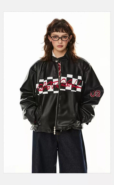 Tom Lettered Check Detail PU Leather Jacket-korean-fashion-Jacket-Tom's Closet-OH Garments