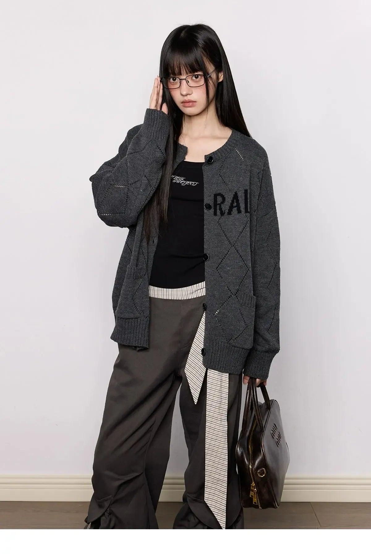 Tom Lettered Diamond Pattern Knit Cardigan-korean-fashion-Cardigan-Tom's Closet-OH Garments
