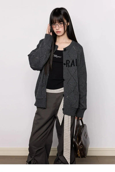 Tom Lettered Diamond Pattern Knit Cardigan-korean-fashion-Cardigan-Tom's Closet-OH Garments