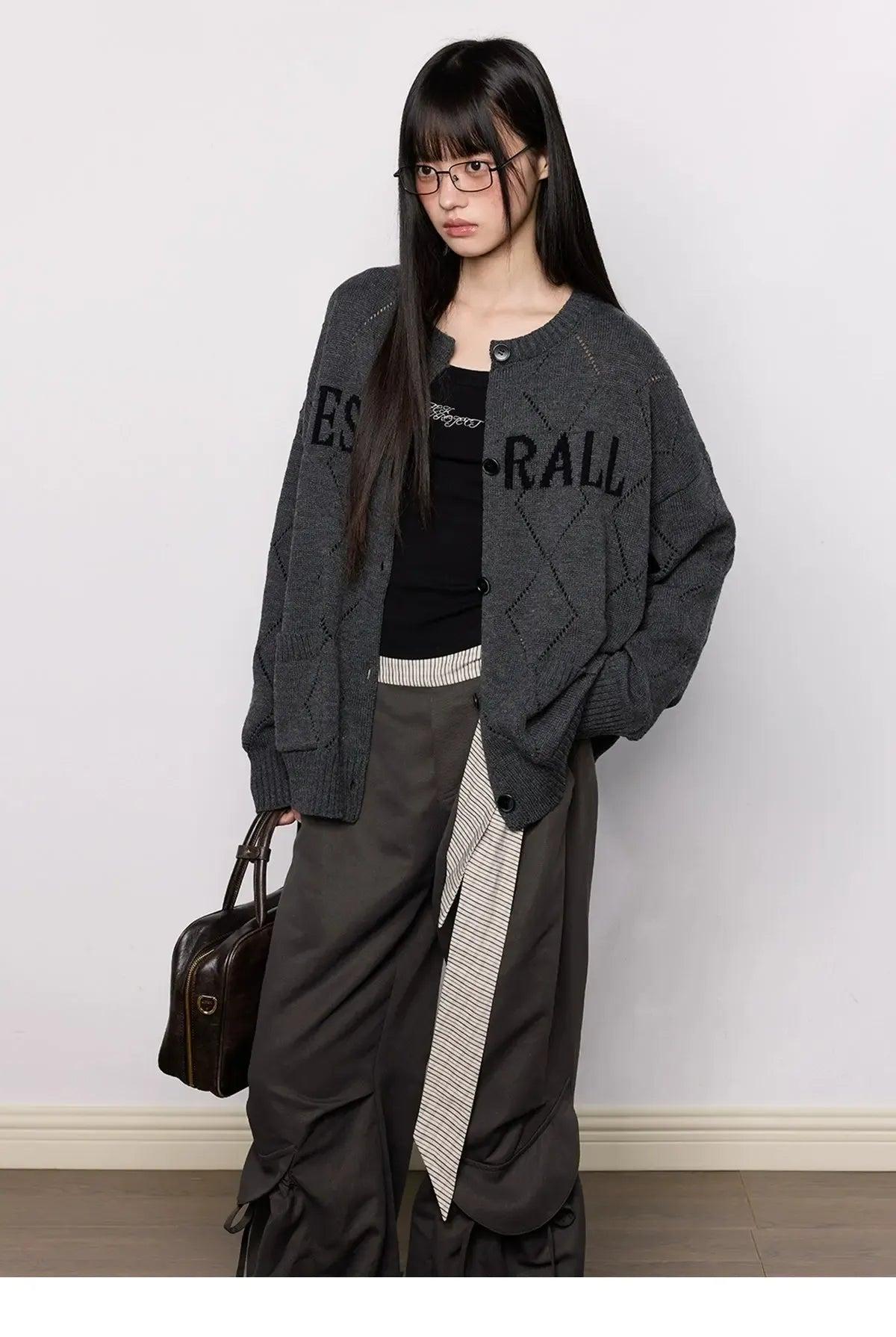 Tom Lettered Diamond Pattern Knit Cardigan-korean-fashion-Cardigan-Tom's Closet-OH Garments