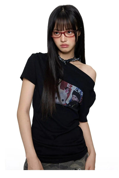Tom Oblique Shoulder Printed T-Shirt-korean-fashion-T-Shirt-Tom's Closet-OH Garments