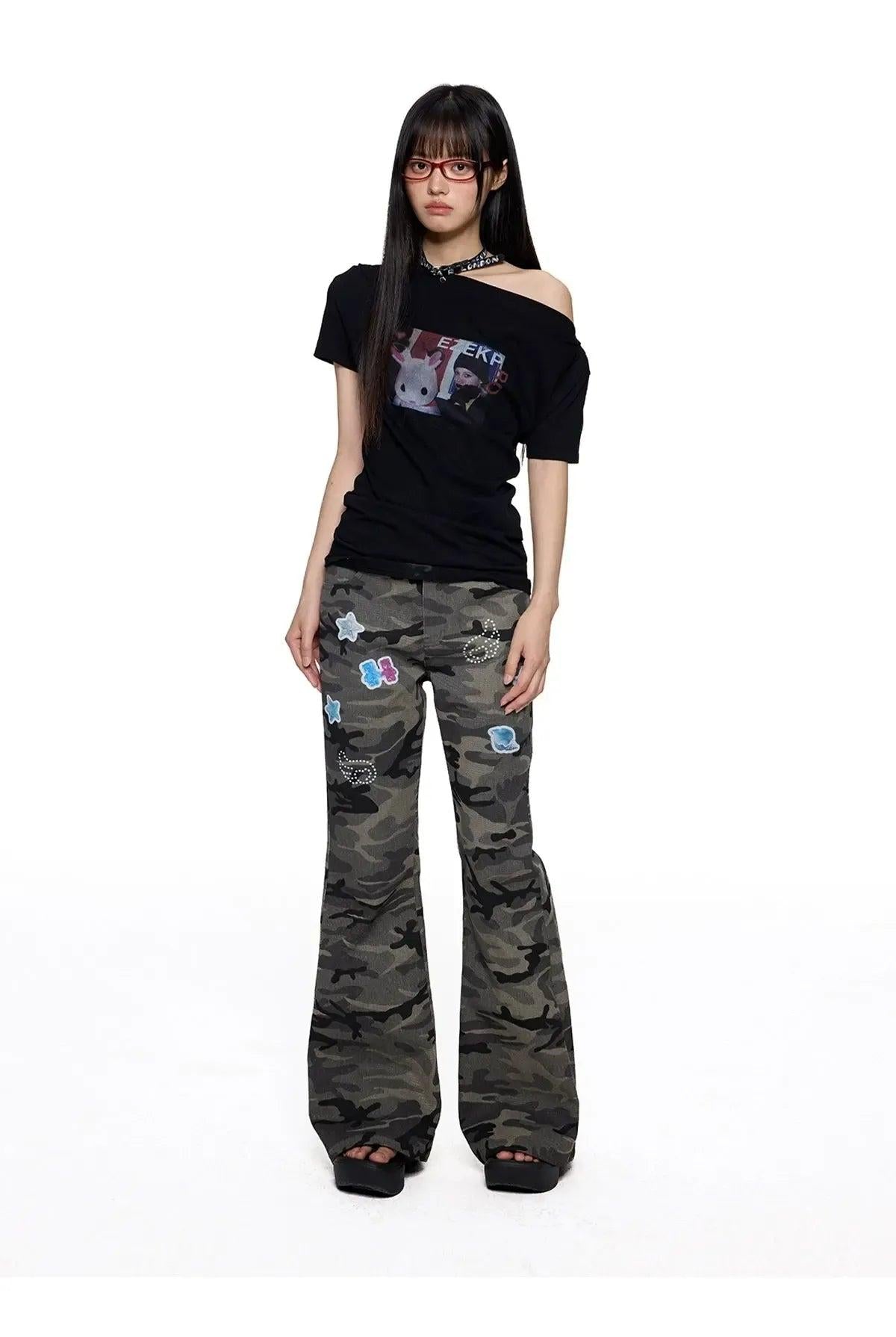 Tom Oblique Shoulder Printed T-Shirt-korean-fashion-T-Shirt-Tom's Closet-OH Garments