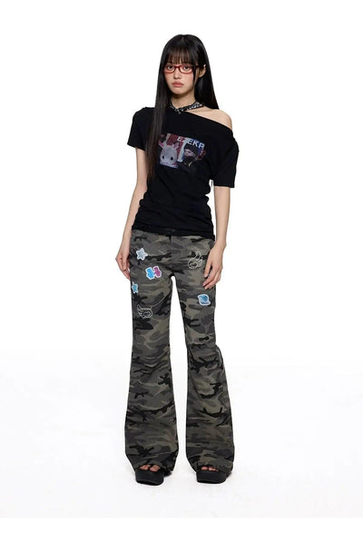 Tom Oblique Shoulder Printed T-Shirt-korean-fashion-T-Shirt-Tom's Closet-OH Garments
