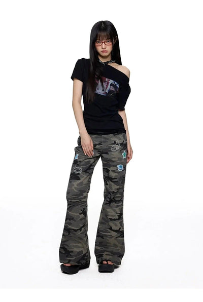 Tom Oblique Shoulder Printed T-Shirt-korean-fashion-T-Shirt-Tom's Closet-OH Garments