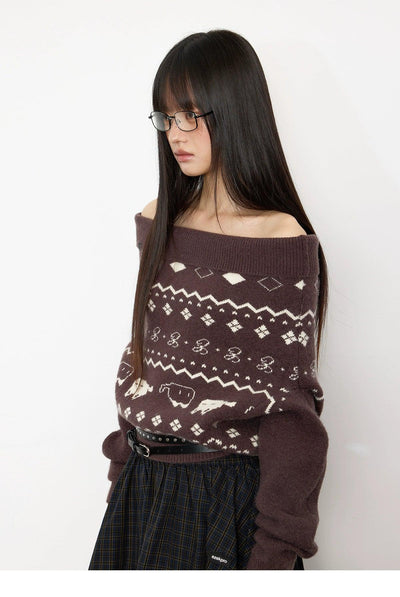 Tom Off Shoulder Patterned Sweater-korean-fashion-Sweater-Tom's Closet-OH Garments