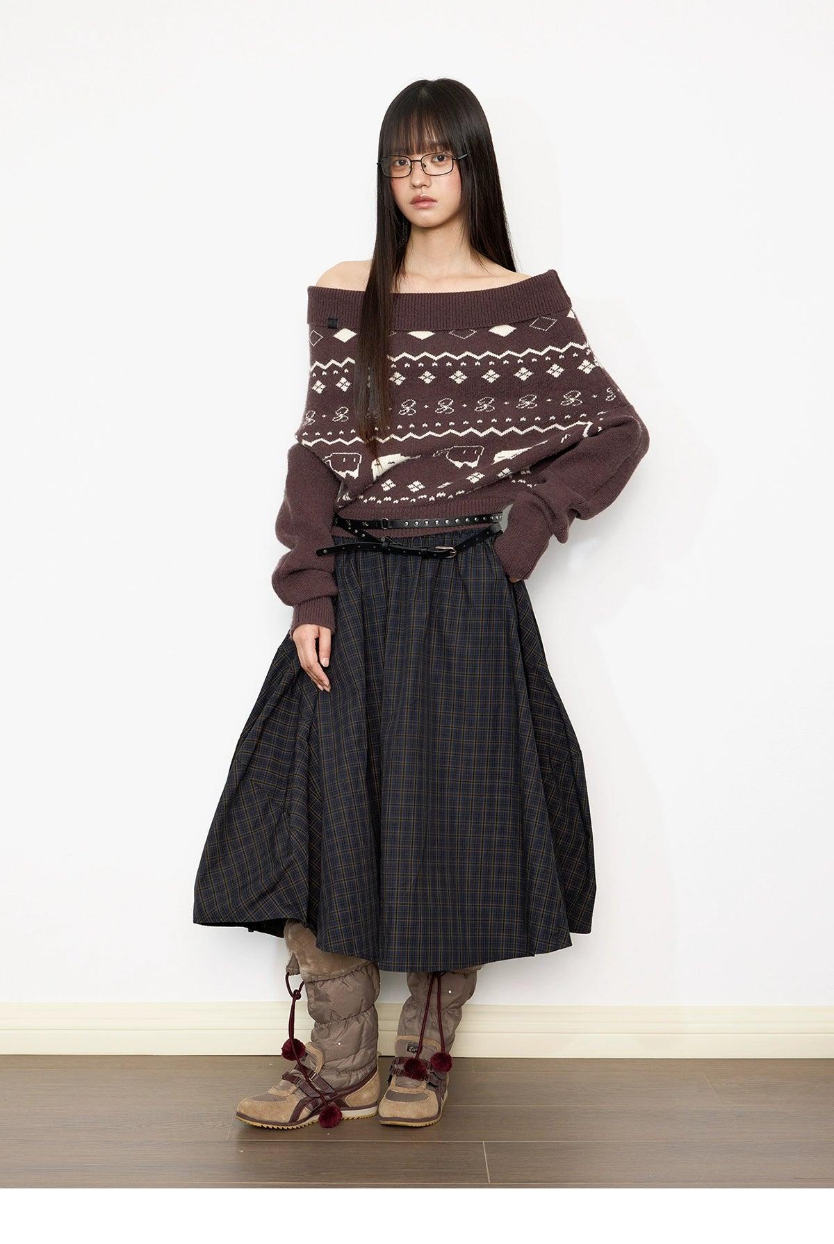 Tom Off Shoulder Patterned Sweater-korean-fashion-Sweater-Tom's Closet-OH Garments